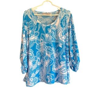 Chico's Blue White Paisley Floral Scoop Neck Ruched 3/4 Sleeve Top Size 3 XL